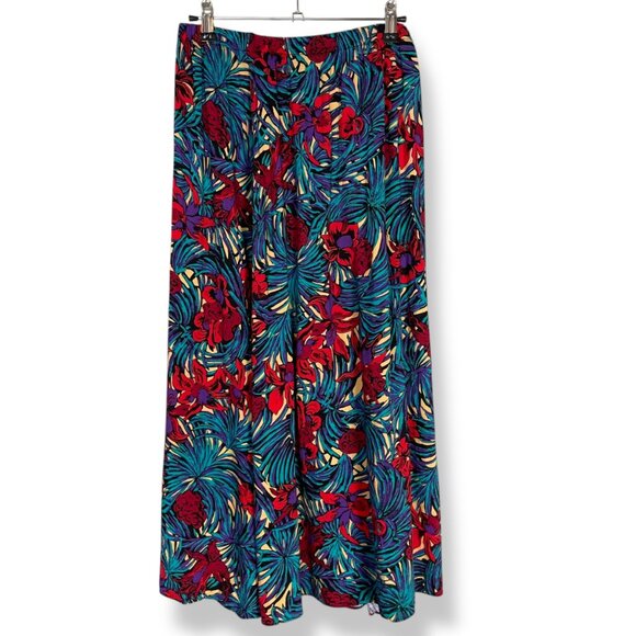 Vintage Skirt Tropical Floral Elastic Waistband Blue Red Eclectic Maximalist 80s - Picture 1 of 8